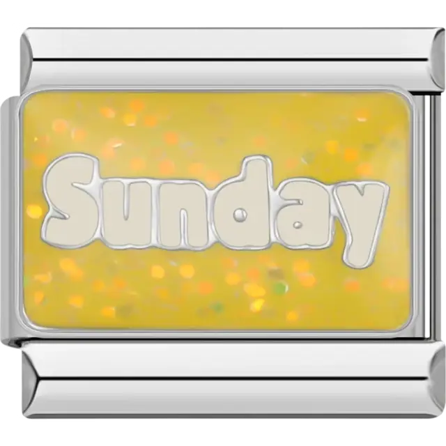“Sunday” text on a sparkling yellow Italian charm bracelet link