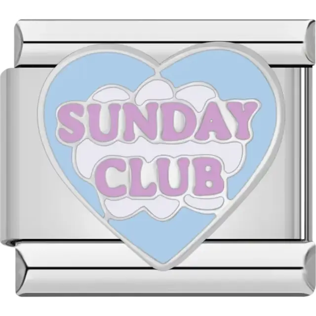 Blue heart with white cloud design and pink "SUNDAY CLUB" text Italian charm bracelet link