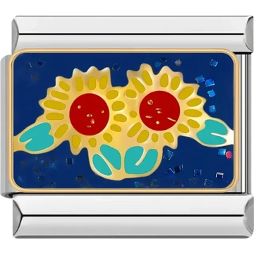 Two sunflowers on blue background with glitter accents Italian charm bracelet link