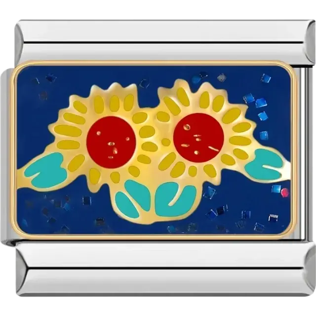 Two sunflowers on blue background with glitter accents Italian charm bracelet link