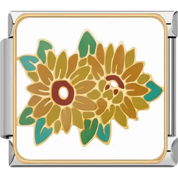 Cluster of golden yellow sunflowers with brown centers green leaves and gold outlines on white background Italian charm bracelet link