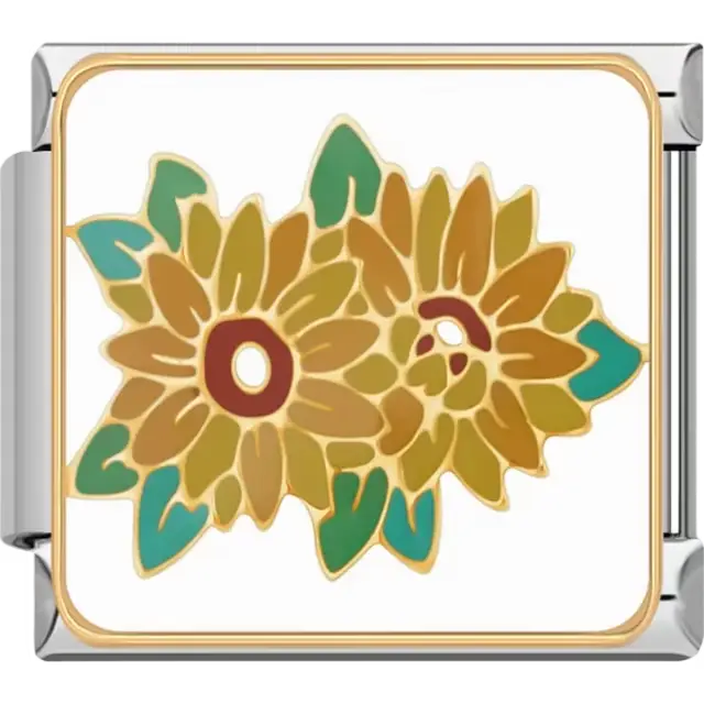 Cluster of golden yellow sunflowers with brown centers green leaves and gold outlines on white background Italian charm bracelet link