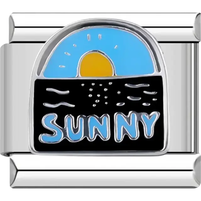 Yellow sun rising over blue and black background with “Sunny” text Italian charm bracelet link