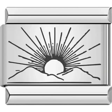Black sunrise design with radiant sunrays emerging over a mountain landscape Italian charm bracelet link
