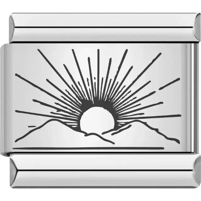 Black sunrise design with radiant sunrays emerging over a mountain landscape Italian charm bracelet link