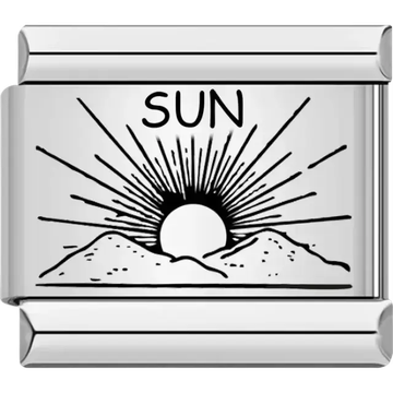 Sunrise design with radiating rays over mountain peaks and the word “Sun” above Italian charm bracelet link