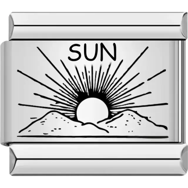 Sunrise design with radiating rays over mountain peaks and the word “Sun” above Italian charm bracelet link