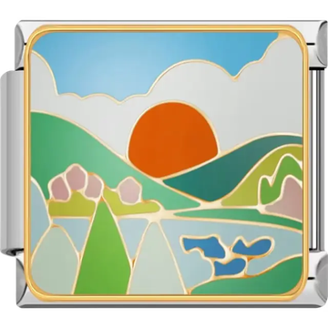 Colorful scenic view with orange sun, green hills, blue water, and gold outlines Italian charm bracelet link