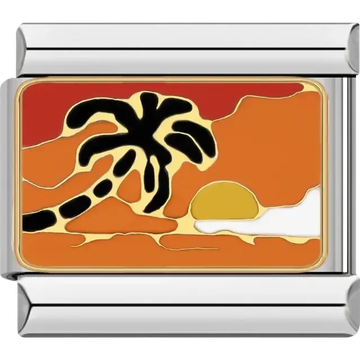 Black palm tree with vibrant orange sunset and yellow sun Italian charm bracelet link