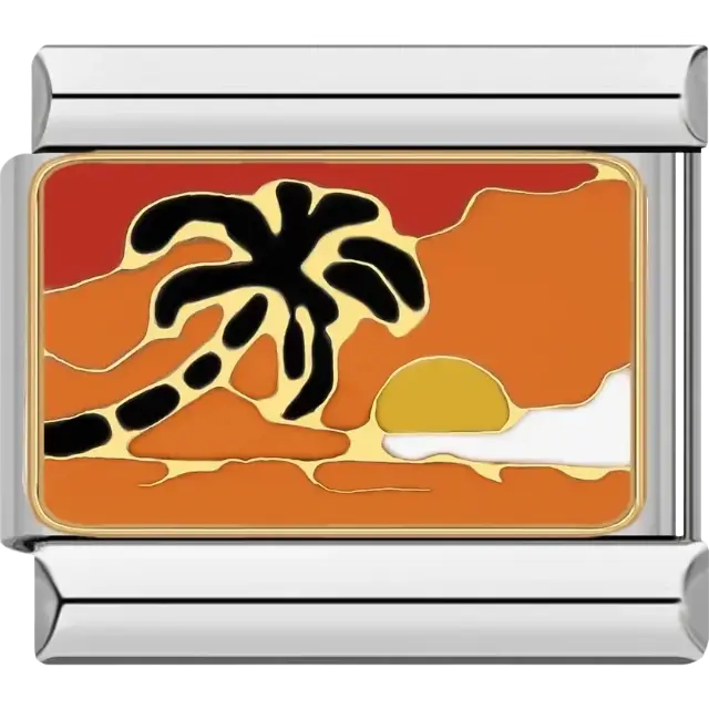 Black palm tree with vibrant orange sunset and yellow sun Italian charm bracelet link