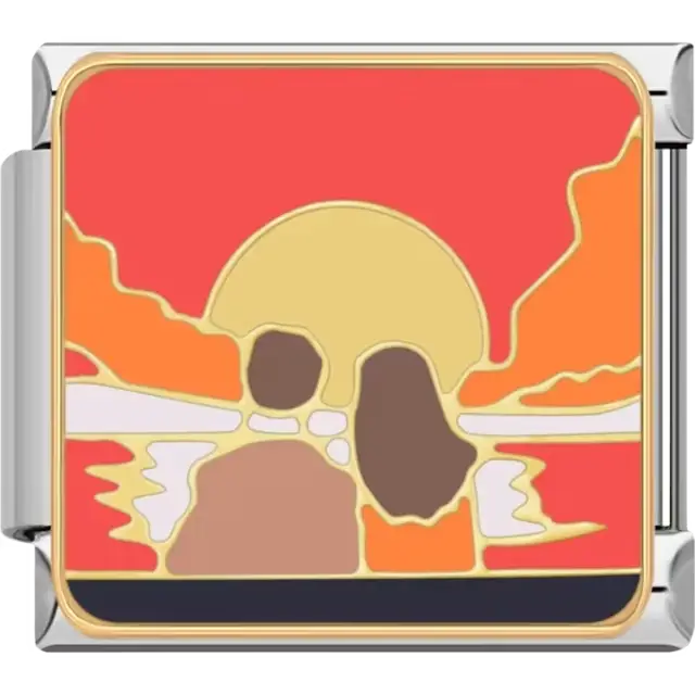 Romantic silhouette of two figures against an orange and red sunset with gold outlines Italian charm bracelet link