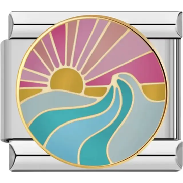 Gold-outlined sunset with pink and purple sky blue ocean wave and golden sun Italian charm bracelet link
