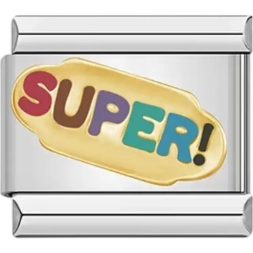 Gold "SUPER!" text in multicolor design Italian charm bracelet link