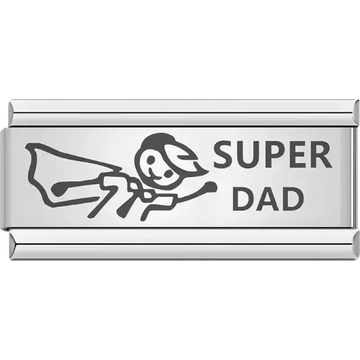 Black stick figure of a flying superhero with bold text "SUPER DAD" Italian charm bracelet link