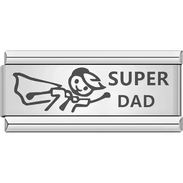 Black stick figure of a flying superhero with bold text "SUPER DAD" Italian charm bracelet link