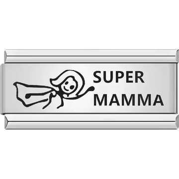 Black stick figure of a flying superhero with bold text "SUPER MAMMA" Italian charm bracelet link