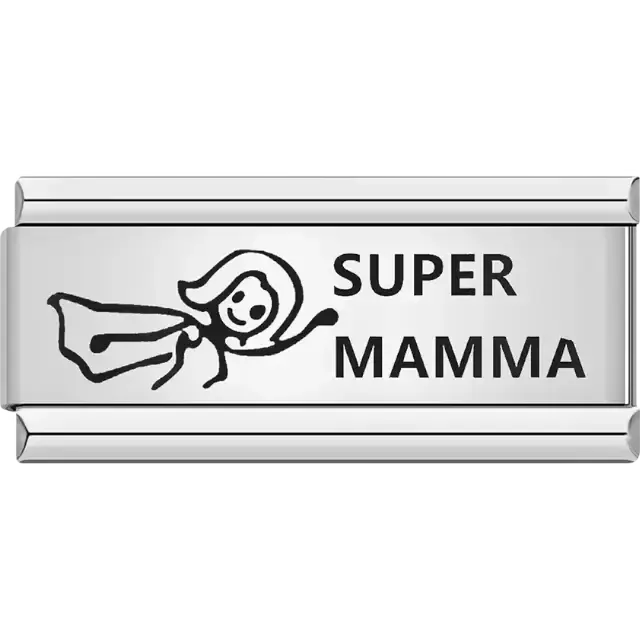 Black stick figure of a flying superhero with bold text "SUPER MAMMA" Italian charm bracelet link