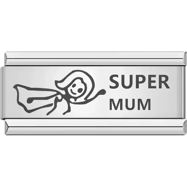 Black women stick figure of a flying superhero and bold text "SUPER MUM" Italian charm bracelet link