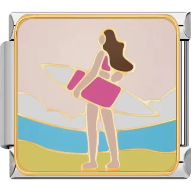 Woman standing on a beach holding a pink and white surfboard with waves and a blue ocean background Italian charm bracelet link