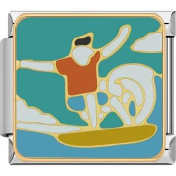 Design featuring a surfer riding a wave with a background of blue skies and clouds Italian charm bracelet link