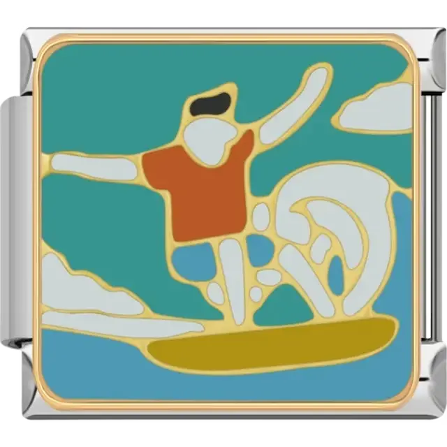 Design featuring a surfer riding a wave with a background of blue skies and clouds Italian charm bracelet link