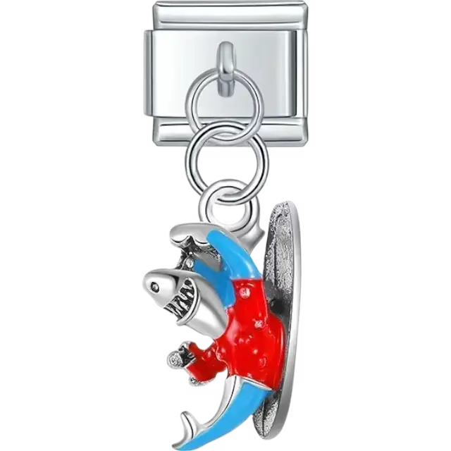 Shark in red outfit on surfboard Italian charm bracelet link