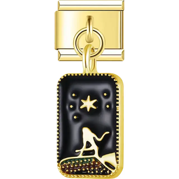 Black enamel rectangle with gold surfer silhouette star and dots Italian charm bracelet link