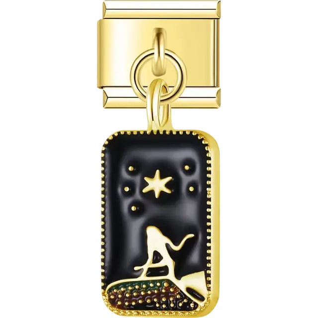 Black enamel rectangle with gold surfer silhouette star and dots Italian charm bracelet link