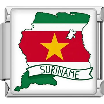 Green, white, red, and yellow map of Suriname with large yellow star, white banner Suriname text Suriname map flag Italian charm bracelet link
