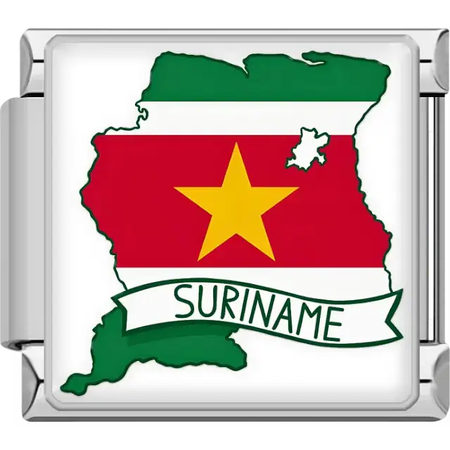 Green, white, red, and yellow map of Suriname with large yellow star, white banner Suriname text Suriname map flag Italian charm bracelet link