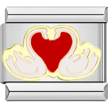 Two elegant swans forming a red heart in the center Italian charm bracelet link