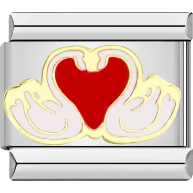 Two elegant swans forming a red heart in the center Italian charm bracelet link