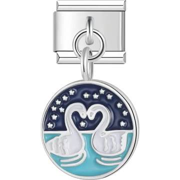 Two white swans forming a heart with a night sky background and star accents Italian charm bracelet link