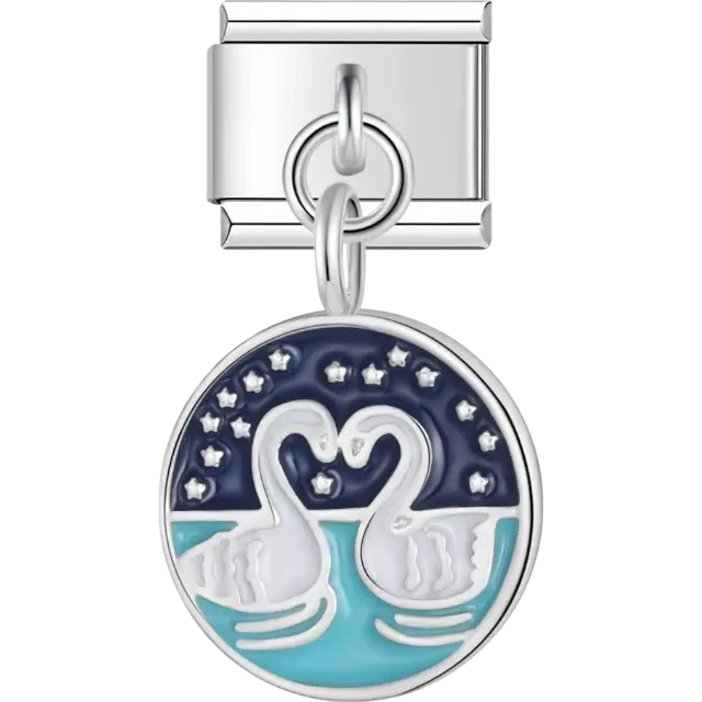 Two white swans forming a heart with a night sky background and star accents Italian charm bracelet link