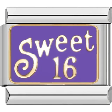 “Sweet 16” text in gold on a purple background Italian charm bracelet link