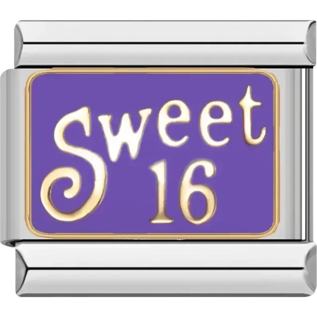 “Sweet 16” text in gold on a purple background Italian charm bracelet link