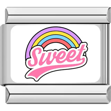 Multicolor "Sweet" text with a pink rainbow design Italian charm bracelet link