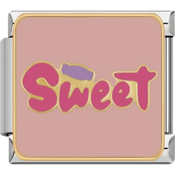 Pink "Sweet" text with a purple accent on a light pink background Italian charm bracelet link