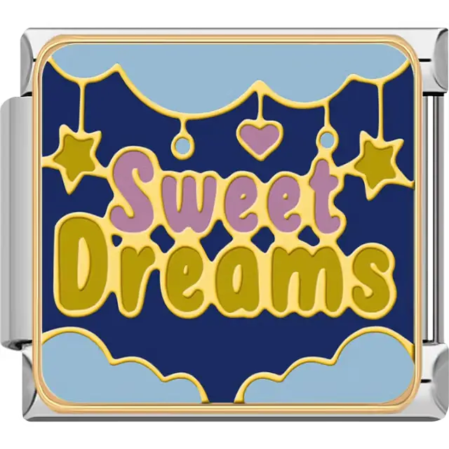 Pink and yellow text spelling “Sweet Dreams” with stars heart and clouds on dark blue background Italian charm bracelet link