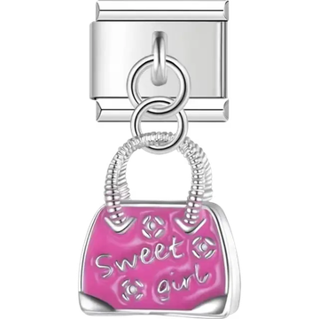 Pink purse with Sweet Girl text and floral detail Italian charm bracelet link