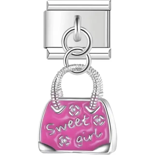 Pink purse with Sweet Girl text and floral detail Italian charm bracelet link