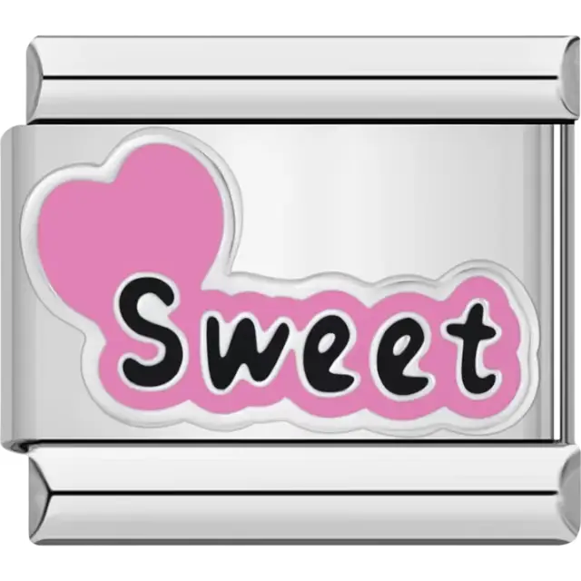 Pink heart with "Sweet" text in bold black lettering and white outline Italian charm bracelet link