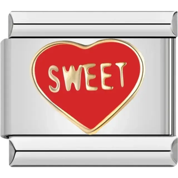 Red heart charm with “Sweet” text in gold-tone lettering Italian charm bracelet link
