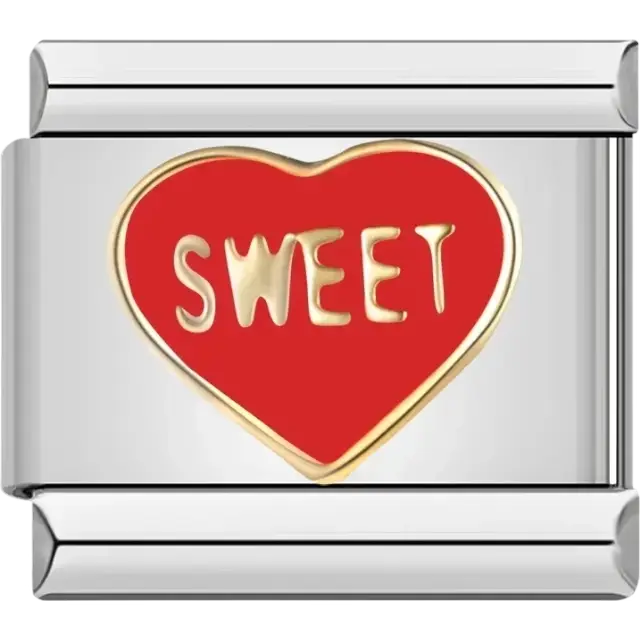 Red heart charm with “Sweet” text in gold-tone lettering Italian charm bracelet link