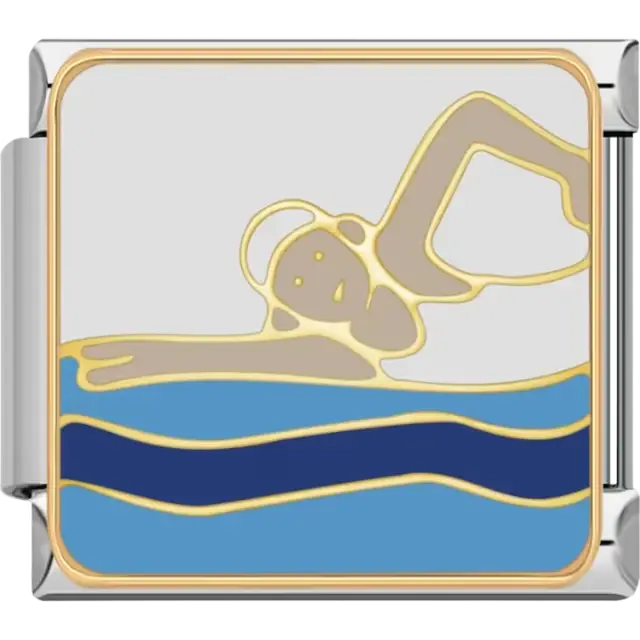 Gold swimmer in a white cap with blue water waves and gray background Italian charm bracelet link