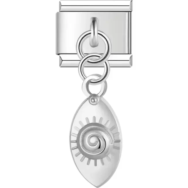 Dangling oval charm with a swirl and sunray design Italian charm bracelet link