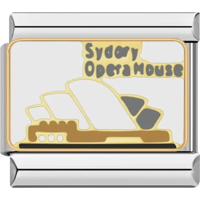 Sydney Opera House with white sails and gold details on a light background Italian charm bracelet link
