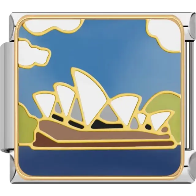 White Sydney Opera House with brown base green hills blue water and sky Italian charm bracelet link