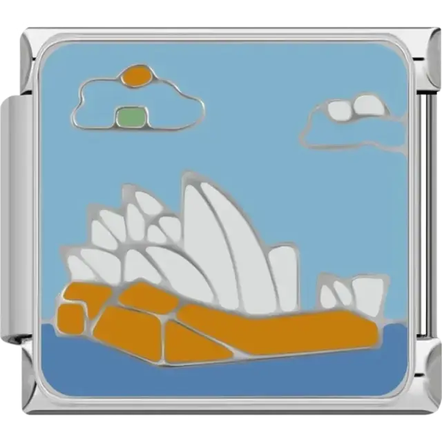 Blue charm featuring the Sydney Opera House with white sails and orange base Italian charm bracelet link