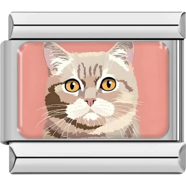 Tabby cat design featuring striped fur and bright golden eyes Italian charm bracelet link